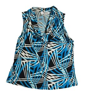 Jones Studio Black and Blue Abstract Sleeveless Blouse w/Cowl Neck | Size Petite